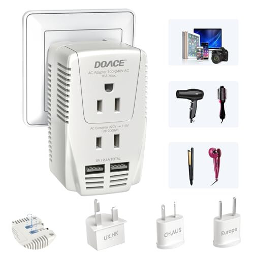 Upgraded DoAce C11 2000W Travel Voltage Converter for Hair Dryer Straightener Curling Iron, Step Down 220V to 110V, 10A Power Adapter with 2 USB and EU/UK/AU/US Plugs for Laptop Camera Cell Phone - DOACE
