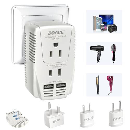 Upgraded DoAce C11 2000W Travel Voltage Converter for Hair Dryer Straightener Curling Iron, Step Down 220V to 110V, 10A Power Adapter with 2 USB and EU/UK/AU/US Plugs for Laptop Camera Cell Phone - 1