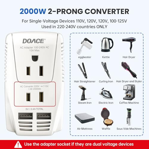 Upgraded DoAce C11 2000W Travel Voltage Converter for Hair Dryer Straightener Curling Iron, Step Down 220V to 110V, 10A Power Adapter with 2 USB and EU/UK/AU/US Plugs for Laptop Camera Cell Phone - 3