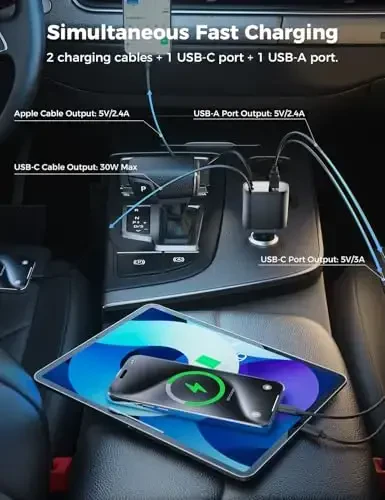 【Upgraded】 SUPERONE Ret retractable Car Charger 4 in 1, Fast Car Phone Charger with Cord 2.6ft, USB C and Apple Car Charger Adapter, Compatible with iPhone 15/15 Pro Max/14/13/12/11, Galaxy, Pixel - 5