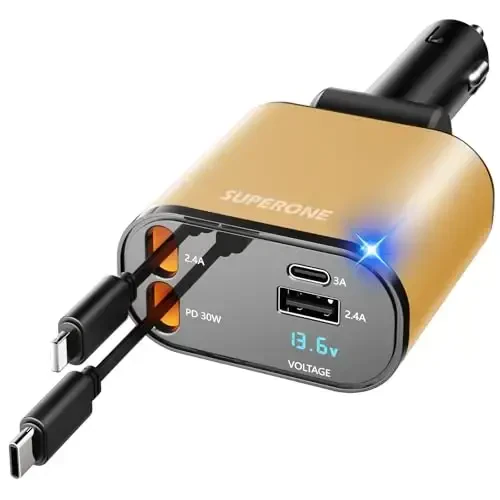 【Upgraded】 SUPERONE Retractable Car Charger 4 in 1, Fast Car Phone Charger with Cord 2.6ft, USB C and Apple Car Charger Adapter, Compatible with iPhone 17 16 15/15 Pro Max/14/13/12/11, Galaxy, Pixel - 1