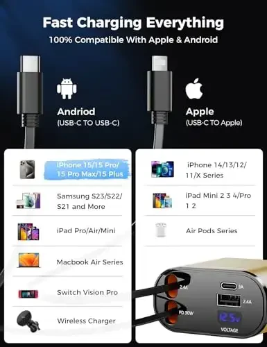 【Upgraded】 SUPERONE Retractable Car Charger 4 in 1, Fast Car Phone Charger with Cord 2.6ft, USB C and Apple Car Charger Adapter, Compatible with iPhone 17 16 15/15 Pro Max/14/13/12/11, Galaxy, Pixel - 6