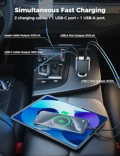 【Upgraded】 SUPERONE Retractable Car Charger 4 in 1, Fast Car Phone Charger with Cord 2.6ft, USB C and Apple Car Charger Adapter, Compatible with iPhone 17 16 15/15 Pro Max/14/13/12/11, Galaxy, Pixel - SUPERONE