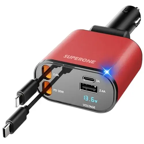【Upgraded】 SUPERONE Retractable Car Charger 4 in 1, Fast Car Phone Charger with Cord 2.6ft, USB C and Apple Car Charger Adapter, Compatible with iPhone 17/16/15/15 Pro Max/14/13/12/11, Galaxy, Pixel - 1