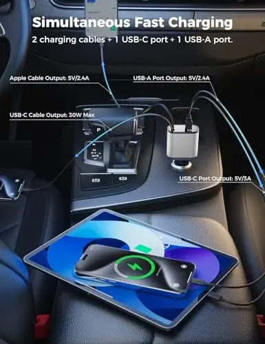【Upgraded】 SUPERONE Retractable Car Charger 4 in 1, Fast Car Phone Charger with Cord 2.6ft, USB C and Apple Car Charger Adapter, Compatible with iPhone 17/16/15/15 Pro Max/14/13/12/11, Galaxy, Pixel - 3