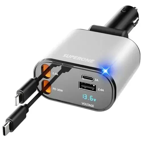 【Upgraded】 SUPERONE Retractable Car Charger 4 in 1, Fast Car Phone Charger with Cord 2.6ft, USB C and Apple Car Charger Adapter, Compatible with iPhone 17/16/15/15 Pro Max/14/13/12/11, Galaxy, Pixel 