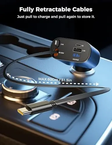 【Upgraded】 SUPERONE Retractable Car Charger 4 in 1, Fast Car Phone Charger with Cord 2.6ft, USB C and Apple Car Charger Adapter, Compatible with iPhone 17/16/15/15 Pro Max/14/13/12/11, Galaxy, Pixel - 3