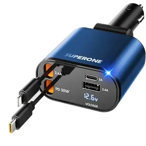 【Upgraded】 SUPERONE Retractable Car Charger 4 in 1, Fast Car Phone Charger with Cord 2.6ft, USB C and Apple Car Charger Adapter, Compatible with iPhone 17/16/15/15 Pro Max/14/13/12/11, Galaxy, Pixel 
