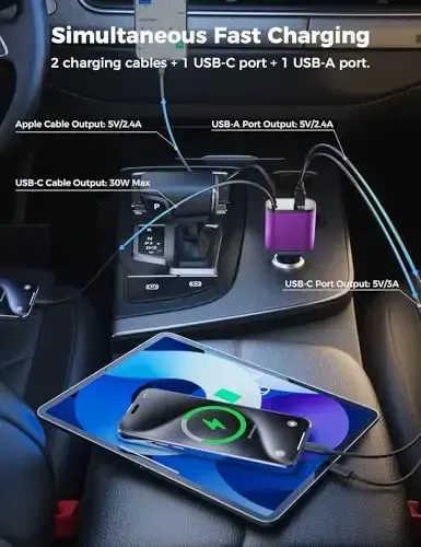 【Upgraded】 SUPERONE Retractable Car Charger 4 in 1, Fast Car Phone Charger with Cord 2.6ft, USB C and Apple Car Charger Adapter, Compatible with iPhone 17/16/15/15 Pro Max/14/13/12/11, Galaxy, Pixel - 3