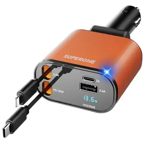 【Upgraded】 SUPERONE Retractable Car Charger 4 in 1, Fast Car Phone Charger with Cord 2.6ft, USB C and Apple Car Charger Adapter, Compatible with iPhone 17/16/15/15 Pro Max/14/13/12/11, Galaxy, Pixel - SUPERONE