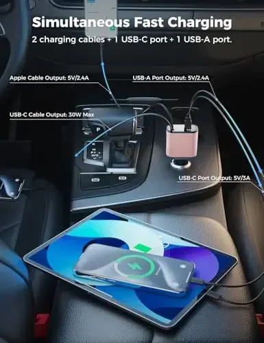 【Upgraded】 SUPERONE Retractable Car Charger 4 in 1, Fast Car Phone Charger with Cord 2.6ft, USB C Car Charger Adapter, Compatible with iPhone 17/16/15/15 Pro Max/14/13/12/11, Galaxy, Pixel - 3