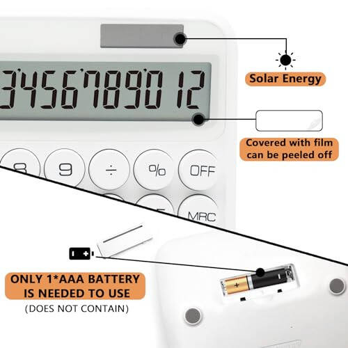 UPIHO Beyaz Hesap Makinesi, Geniş LCD Ekran ve Büyük Tuşlara Sahip Standart 12 Rakamlı Hesap Makinesi, Beyaz Ofis Malzemeleri ve Masa Aksesuarları, Ev, Ofis, Okul, Sınıf ve İş İçin Sevimli Hesap Makinesi - 2