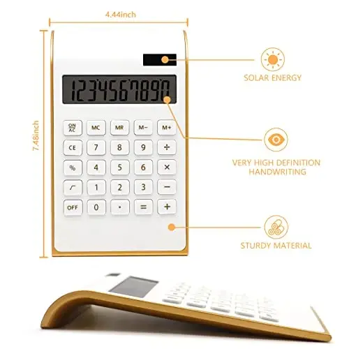 Gold Calculator, 10 Digits Solar Battery Basic, Dual Powered Desktop Calculator, Tilted LCD Display, Inclined Design Slim Desk Accessories - UPIHO (1)