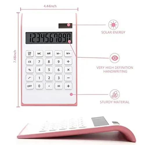 Pink Calculator, UPIHO Pink Office Supplies and Accessories, 10 Digits Solar Battery Basic Office Calculator with Large LCD Display, Dual Power Desktop Accessories, School Supplies - 2