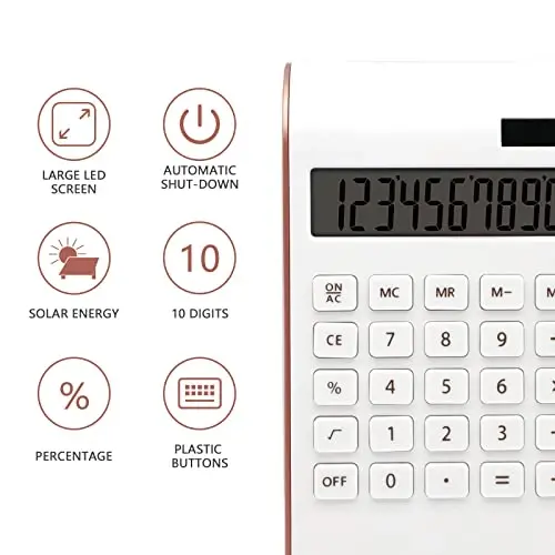 UPIHO Rose Gold Office Calculator Accessories, 10 Digit Solar & Battery Powered Desktop Calculator with Large LCD Display, Pink - 3