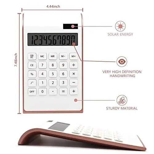 UPIHO Rose Gold Office Kalkulyator Aksessuarlari, 10 Xonali Quyosh va Batareyali Ish Stol Kalkulyatori, Katta LCD Displey, Pushti - 2