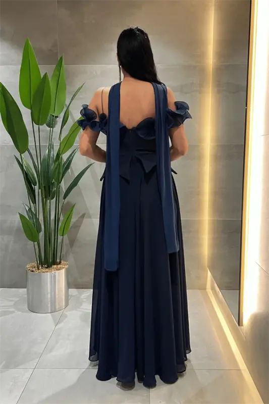 Upper Atlas Fabric Lower Chiffon Shawl Detailed Dress - NAVY BLUE - 1