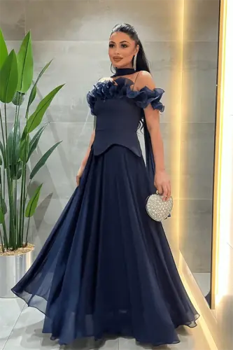 Upper Atlas Fabric Lower Chiffon Shawl Detailed Dress - NAVY BLUE - 4
