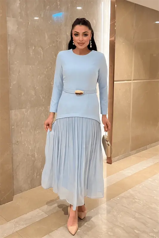 Upper Atlas Lower Chiffon Fabric Dress - BABY BLUE - 1