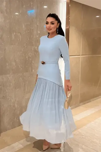 Upper Atlas Lower Chiffon Fabric Dress - BABY BLUE - BÜYÜKBEDENIZ (1)