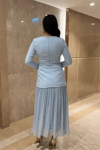 Upper Atlas Lower Chiffon Fabric Dress - BABY BLUE - 5