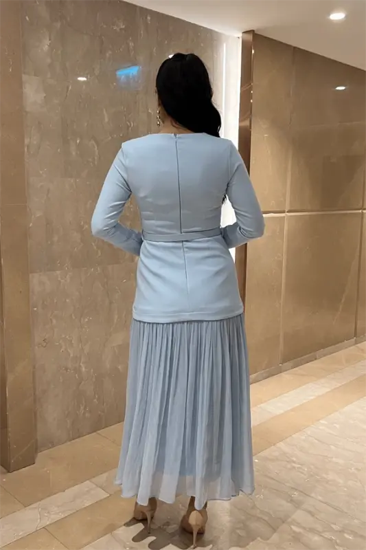 Upper Atlas Lower Chiffon Fabric Dress - BABY BLUE - 5