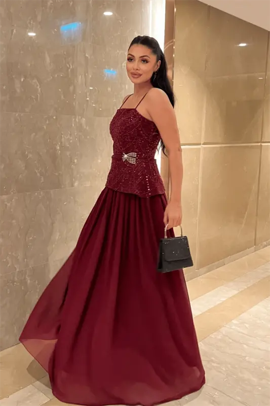 Upper Beaded Fabric Lower Chiffon Design Dress - CLARET RED - 2