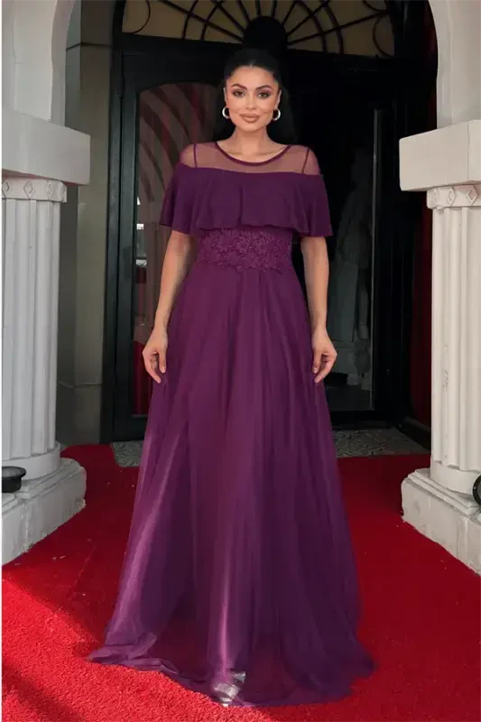 Upper Sequined Fabric Lower Tulle Fabric Detailed Evening Dress - EGGPLANT PURPLE - BÜYÜKBEDENIZ