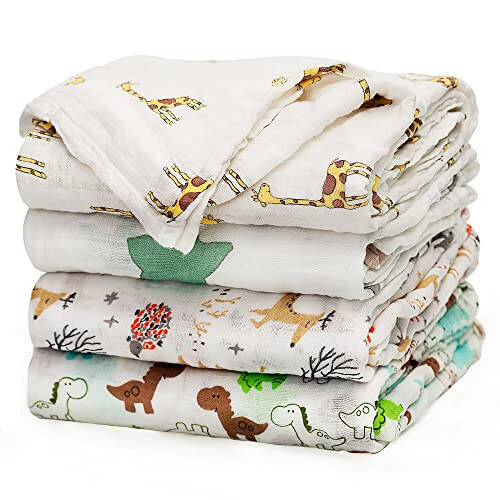 upsimples Baby Swaddle Blanket Unisex Swaddle Wrap Soft Silky Muslin Swaddle Blankets Neutral Receiving Blanket for Boys and Girls, 47 x 47 inches, Set of 4 - Fox/Elephant/Giraffe/Dinosaur - 1