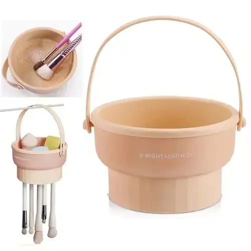 UPTOZOBLY 3 in 1 Brush Cleaning Mat with Brush Drying Holder, Silicone Makeup Brush Cleaner Mat Make Up Brush Cleaning Bowl Cosmetic Brush Washing Tool for Makeup Brush, Sponge, Powder Puff (Khaki) - 1