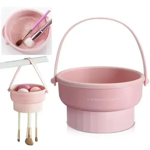 UPTOZOBLY 3 in 1 Brush Cleaning Mat with Brush Drying Holder, Silicone Makeup Brush Cleaner Mat Make Up Brush Cleaning Bowl Cosmetic Brush Washing Tool for Makeup Brush, Sponge, Powder Puff (Pink) 