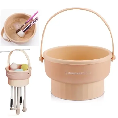 UPTOZOBLY 3 in 1 Brush Cleaning Mat with Brush Drying Holder, Silicone Makeup Brush Cleaner Mat Make Up Brush Cleaning Bowl Cosmetic Brush Washing Tool for Makeup Brush, Sponge, Powder Puff (Khaki) - 1