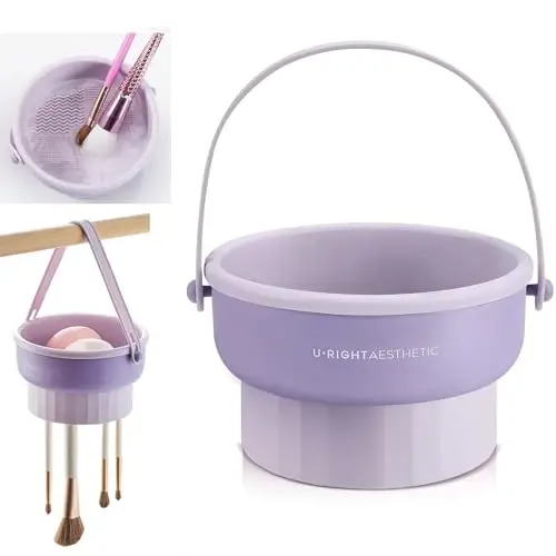 UPTOZOBLY 3 in 1 Brush Cleaning Mat with Brush Drying Holder, Silicone Makeup Brush Cleaner Mat Make Up Brush Cleaning Bowl Cosmetic Brush Washing Tool for Makeup Brush, Sponge, Powder Puff (Purple) - 6