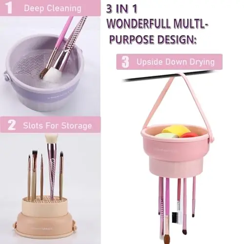 UPTOZOBLY 3 in 1 Brush Cleaning Mat with Brush Drying Holder, Silicone Makeup Brush Cleaner Mat Make Up Brush Cleaning Bowl Cosmetic Brush Washing Tool for Makeup Brush, Sponge, Powder Puff (Purple) - 1