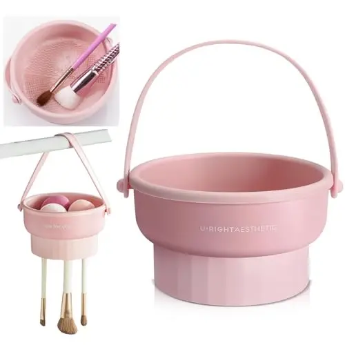 UPTOZOBLY 3 in 1 Brush Cleaning Mat with Brush Drying Holder, Silicone Makeup Brush Cleaner Mat Make Up Brush Cleaning Bowl Cosmetic Brush Washing Tool for Makeup Brush, Sponge, Powder Puff (Pink) 