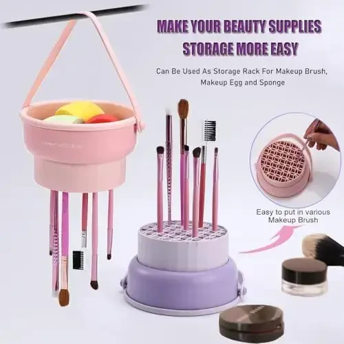 UPTOZOBLY 3 in 1 Brush Cleaning Mat with Brush Drying Holder, Silicone Makeup Brush Cleaner Mat Make Up Brush Cleaning Bowl Cosmetic Brush Washing Tool for Makeup Brush, Sponge, Powder Puff (Pink) - 5