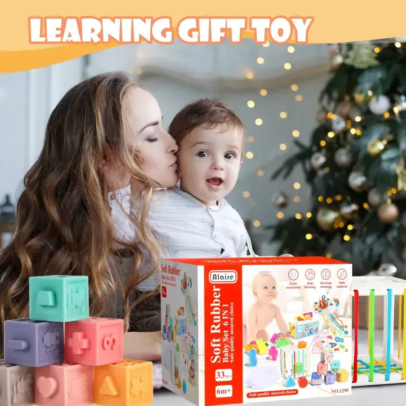 UQN 1 yoshli bolalar uchun Montessori o'yinchoqlari, 6-12 oylik chaqaloqlar uchun 6 ta 1 da o'yinchoq, yumshoq chaqaloq tishlash o'yinchoqlari, qiz va o'g'il bolalar uchun o'rganish sovg'alari, tug'ilgan kun va Rojdestvo sovg'asi. - 8