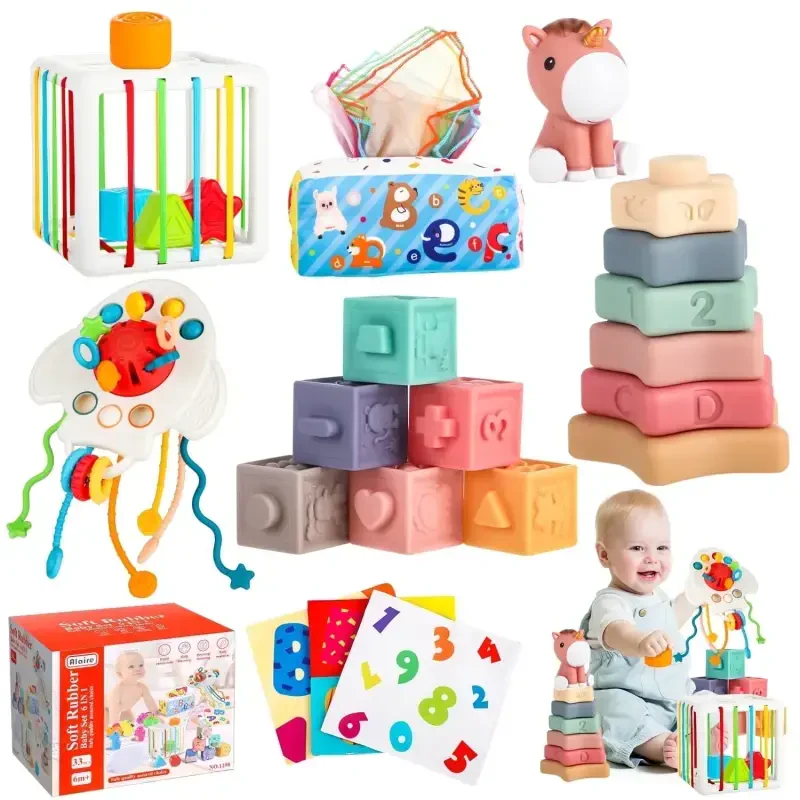 UQN Montessori Toys for 1 Year Old, 6 In 1 Baby Toys for 6-12 Months, Soft Baby Teething Toys, Learning Gifts for Baby Girls Boys, Birthday Christmas Gift - UQN