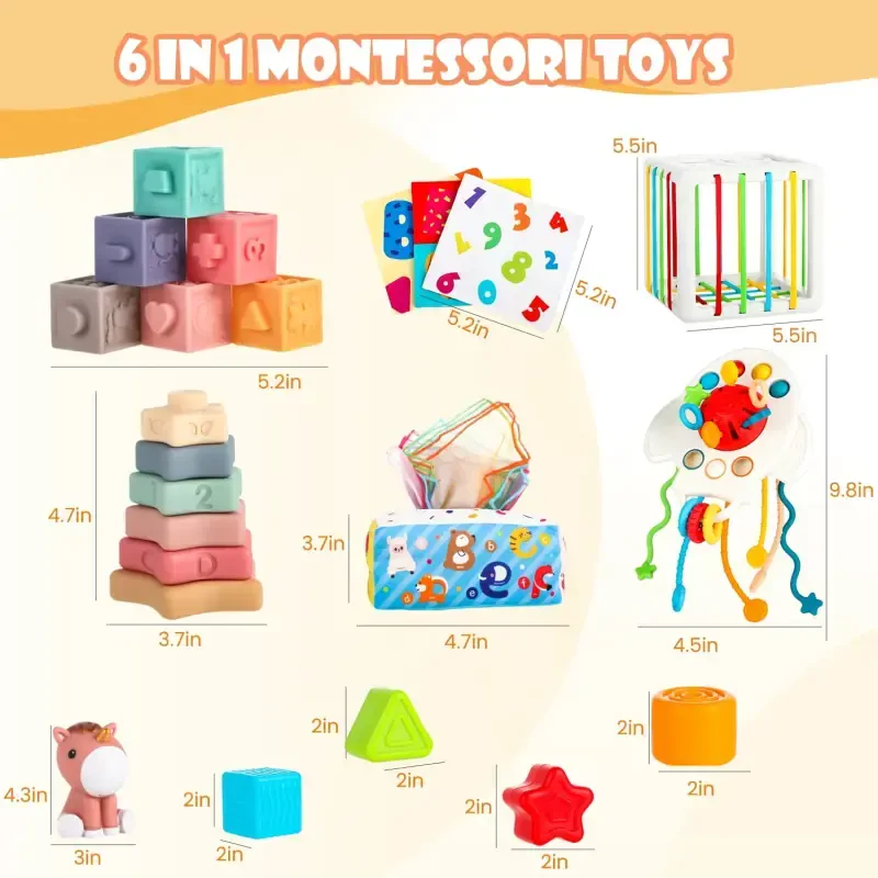 UQN Montessori Toys for 1 Year Old, 6 In 1 Baby Toys for 6-12 Months, Soft Baby Teething Toys, Learning Gifts for Baby Girls Boys, Birthday Christmas Gift - 7