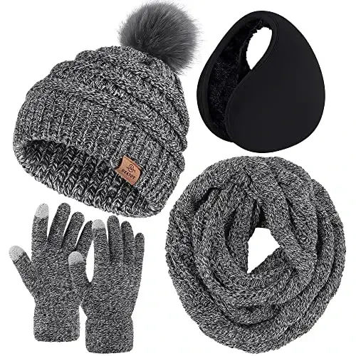 URATOT 4-In-1 Qishki Issiq Komplektlar Trikotaj Sharf Sensorli Ekranli Qo'lqoplar Beanie Pompom Shlyapa va Erkaklar yoki Ayollar uchun Qishki Quloq Isitgich 