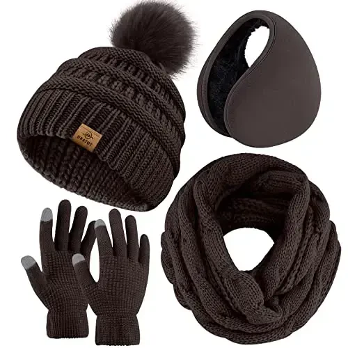 URATOT 4-In-1 Qishki Issiq To'plamlar Trikotaj Sharf Sensorli Ekran Qo'lqoplari Beanie Pompom Shlyapa va Erkaklar yoki Ayollar uchun Qishki Quloq Isitgich - 1