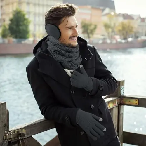 URATOT 4-In-1 Winter Warm Sets Knitted Scarf Touch Screen Gloves Beanie Pompom Hat and Winter Ear Warmer for Men or Women - 5