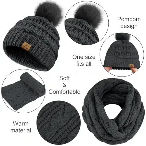 URATOT 4-In-1 Winter Warm Sets Knitted Scarf Touch Screen Gloves Beanie Pompom Hat and Winter Ear Warmer for Men or Women - 3