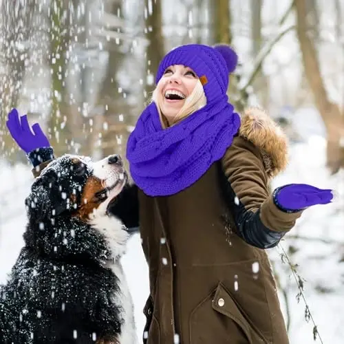 URATOT 4-In-1 Winter Warm Sets Knitted Scarf Touch Screen Gloves Beanie Pompom Hat and Winter Ear Warmer for Men or Women - 5
