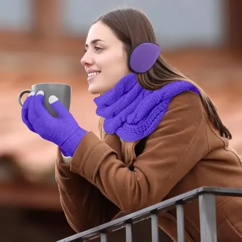 URATOT 4-In-1 Winter Warm Sets Knitted Scarf Touch Screen Gloves Beanie Pompom Hat and Winter Ear Warmer for Men or Women - 6