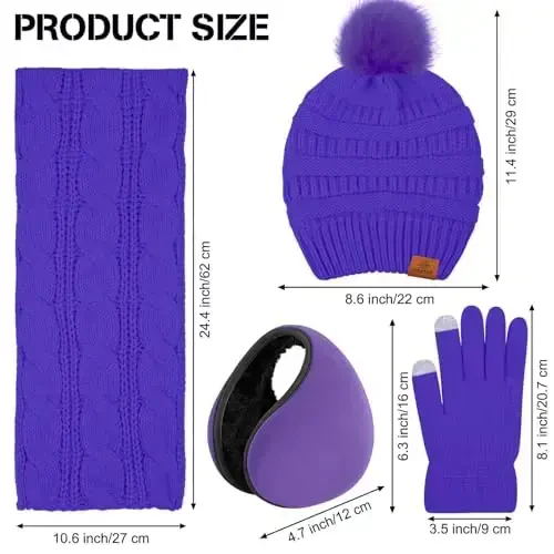 URATOT 4-In-1 Winter Warm Sets Knitted Scarf Touch Screen Gloves Beanie Pompom Hat and Winter Ear Warmer for Men or Women - 4