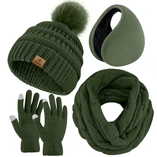 URATOT 4-In-1 Winter Warm Sets Knitted Scarf Touch Screen Gloves Beanie Pompom Hat and Winter Ear Warmer for Men or Women - 1