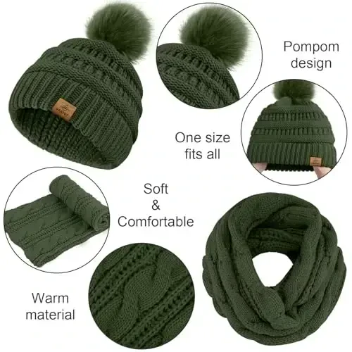 URATOT 4-In-1 Winter Warm Sets Knitted Scarf Touch Screen Gloves Beanie Pompom Hat and Winter Ear Warmer for Men or Women - 3
