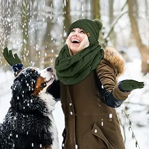 URATOT 4-In-1 Winter Warm Sets Knitted Scarf Touch Screen Gloves Beanie Pompom Hat and Winter Ear Warmer for Men or Women - 6