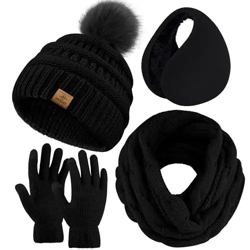 URATOT 4-In-1 Winter Warm Sets Knitted Scarf Touch Screen Gloves Beanie Pompom Hat and Winter Ear Warmer for Men or Women - 1